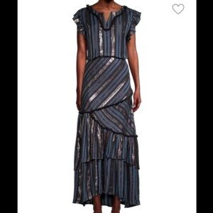 Tessora Long Dress Blue Metallic Stripes Large M2
